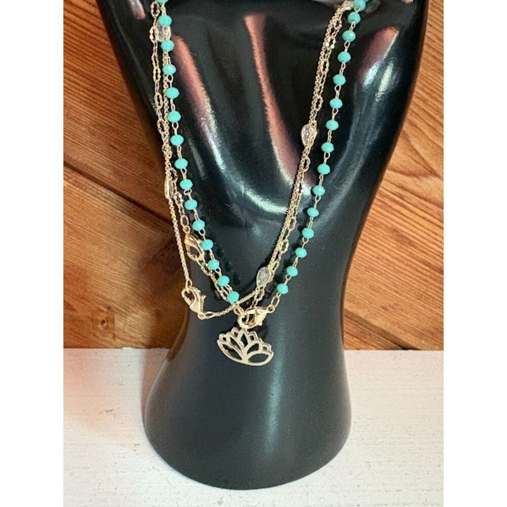 Express 3 PC Gold  & Green Beaded Bracelet with Lotus Pendant